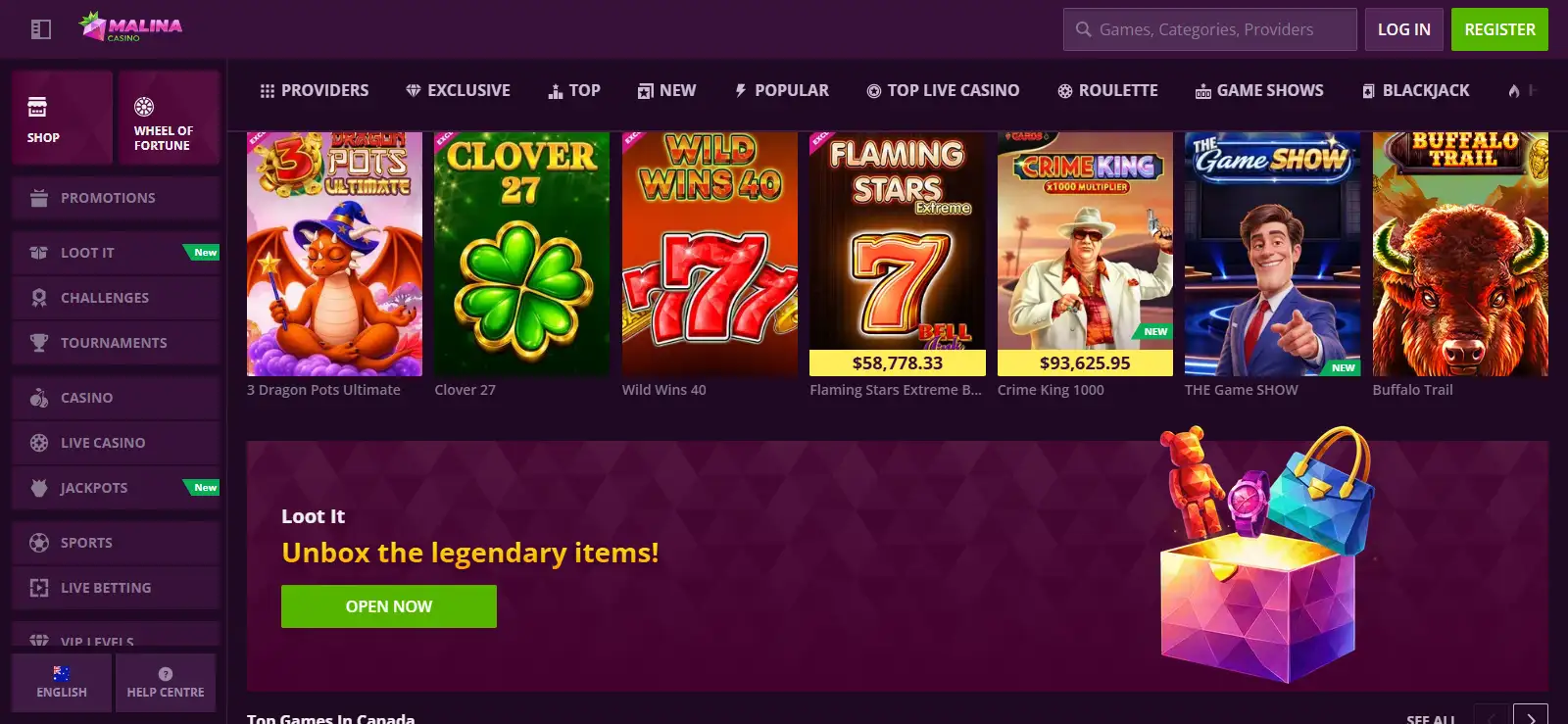 Current Malina Casino Australia-facing homepage and AUD product surface