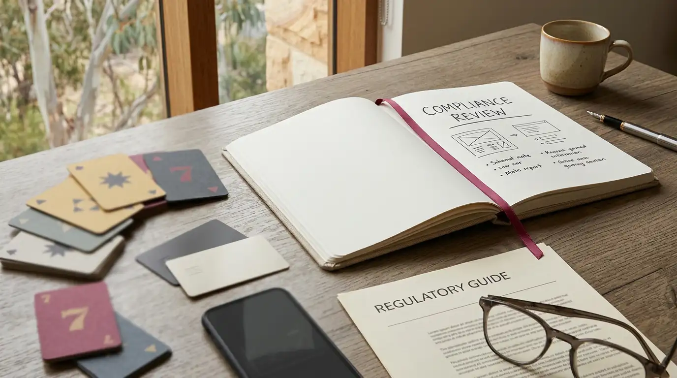 Desk scene illustrating casino products, payment information and Australian regulatory documents