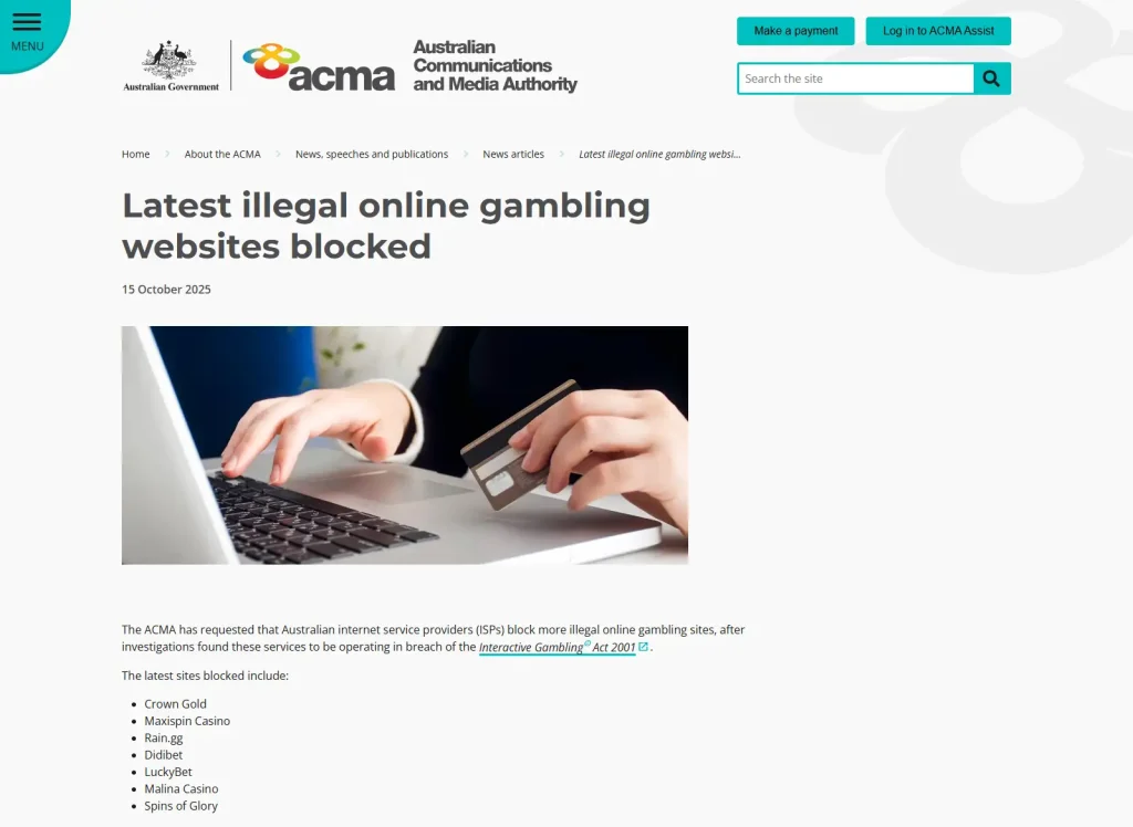 ACMA notice dated 15 October 2025 listing Malina Casino among illegal online gambling websites requested for ISP blocking
