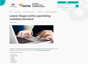 ACMA notice dated 15 October 2025 listing Malina Casino among illegal online gambling websites requested for ISP blocking