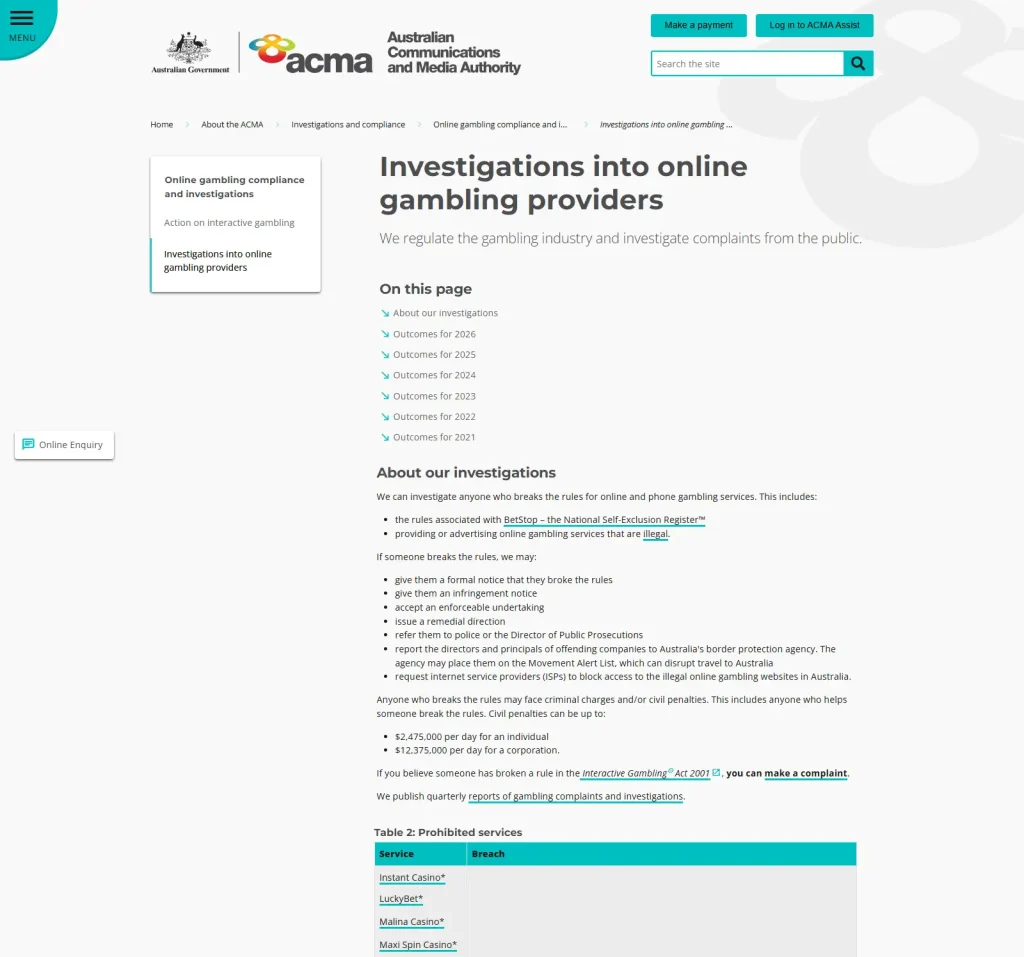 ACMA record identifying Stellar Ltd and Malina Casino in Australian gambling enforcement material