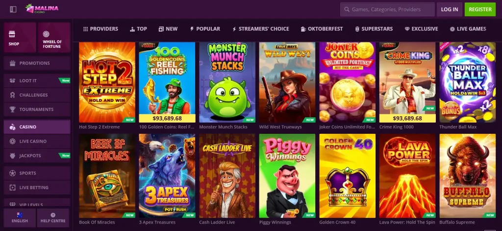 Current Malina Casino game lobby showing category navigation, provider browsing and representative game tiles