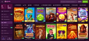 Current Malina Casino game lobby showing category navigation, provider browsing and representative game tiles