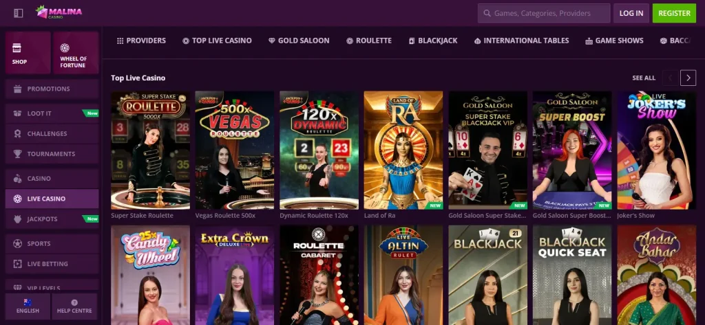 Current Malina live casino lobby showing live category navigation and representative table tiles