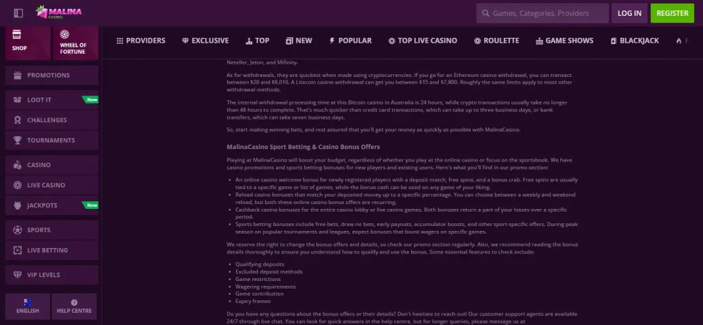 Current official Malina withdrawal timing wording shown on the Australia-facing site