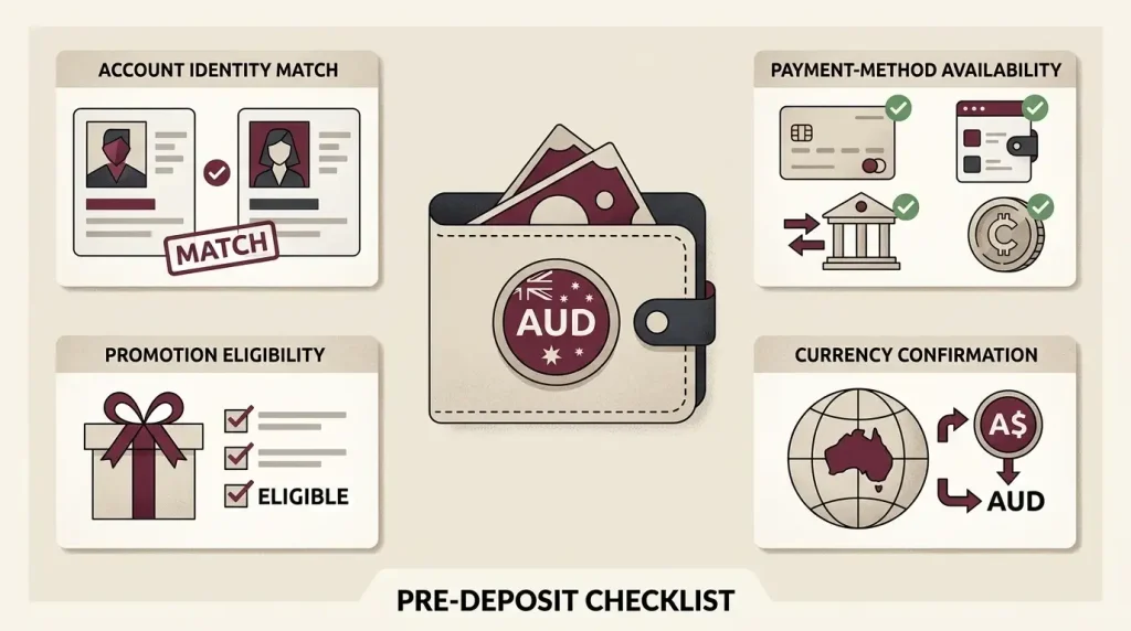 Editorial checklist illustration for checking an AUD casino deposit before confirming it