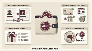 Editorial checklist illustration for checking an AUD casino deposit before confirming it