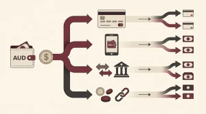 Editorial payment flow showing AUD cards e-wallet bank transfer and cryptocurrency categories with availability varying by cashier