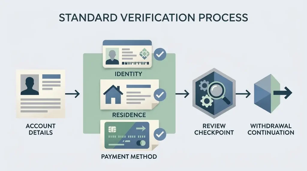 Privacy-safe editorial diagram of the Malina verification flow from account details to withdrawal continuation