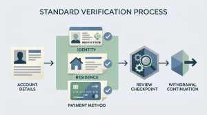 Privacy-safe editorial diagram of the Malina verification flow from account details to withdrawal continuation
